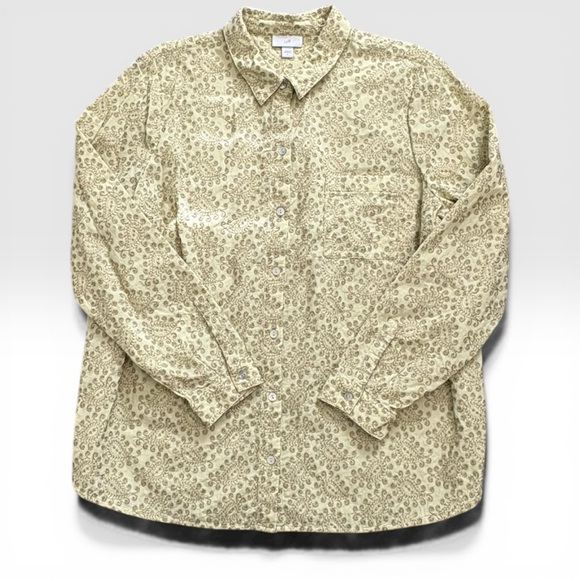 J. Jill Size L Olive Green Floral Embroidered Button-Up Blouse Boho Cotton Top - Picture 4 of 9